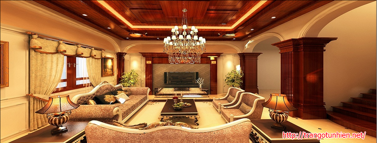 trần gỗ phòng khách hiện đại